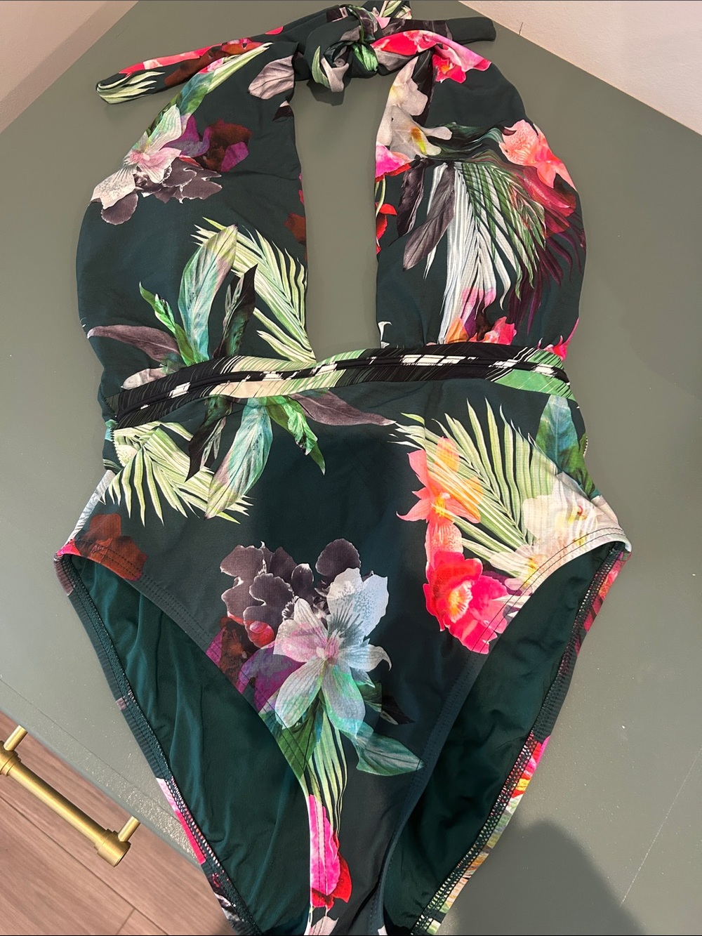 La Blanca size 10 halter Dark Green Tropical Floral One-Piece Swimsuit EUC!!